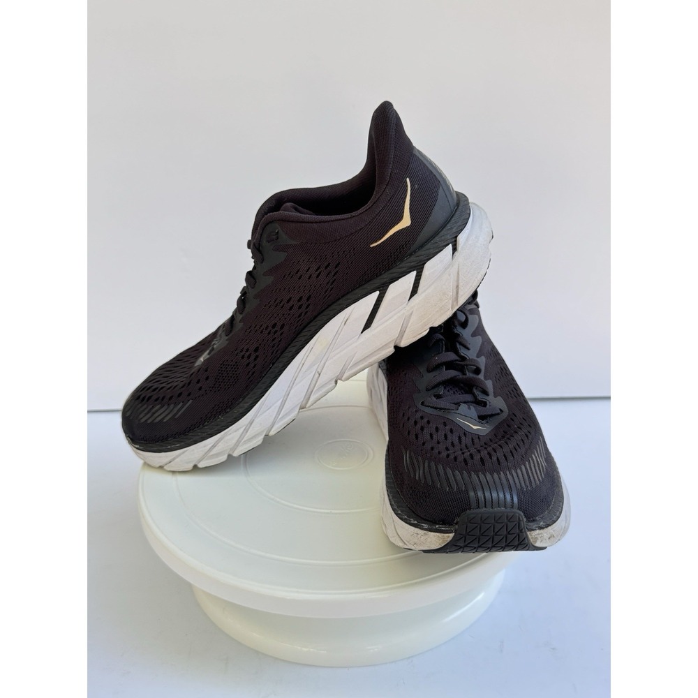Hoka One One Sneakers Womens 9 Clifton 7 Black White Gold Running Yoga Walk Y2K